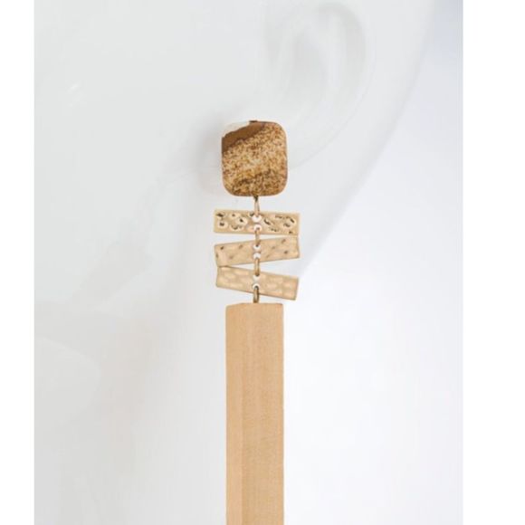 Natural Stone Wood Bar Post Dangle Earrings - Picture 3 of 3